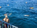 The people snorkeling in blue waters above coral reef on red sea in Sharm El Sheikh, Egypt
