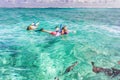 People are snorkeling in the reef near Caye Caulker in Belize