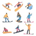 People Snowboarding in Mountains Set, Snowboarders Characters Dressed in Winter Clothing Jumping, Extreme Sport