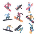 People Snowboarding in Mountains Set, Snowboarders Dressed in Winter Clothing and Goggles Jumping and Flying, Extreme