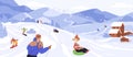 People snowboarding and riding tubing at ski resort. Skiers and snowboarders rolling from snowy mountain slope. Outdoor Royalty Free Stock Photo