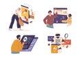People software testers cartoon characters making checkup, debugging, searching mistakes set