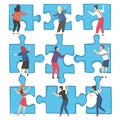 People Solving Jigsaw Puzzles Set, Back View of Men and Women Trying to Connect Blue Puzzle Elements Cartoon Style