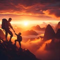 People and son helping each other up on a mountain at sunset. People helping and teamwork concept. Royalty Free Stock Photo