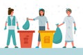People sort the garbage. Flat cartoon Stacking garbage in trash cans, dumpsters or barrels. A set of happy women practicing Royalty Free Stock Photo