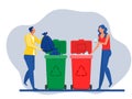 People sort waste for recycling Put plastic bottle and throwing them into special trash bin Ecology concept. recycling concept. Royalty Free Stock Photo