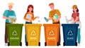 People sorting garbage. Men and women separate waste and throwing trash into recycling bins. Ecology lifestyle vector