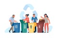 People sorting garbage. Men and women throw out trash in plastic color dumpsters, eco containers, separate waste