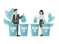 People sorting garbage for recycling. Man and woman putting rubbish in plastic, metal, paper and e-waste containers for