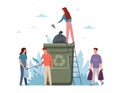 People sorting garbage. Tiny men and women with huge container, eco activists separate trash in can, pollution protect