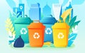 People are sorting garbage with various plants and buildings in the background Royalty Free Stock Photo