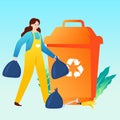 People are sorting garbage with various plants and buildings in the background Royalty Free Stock Photo