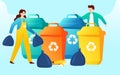 People are sorting garbage with various plants and buildings in the background Royalty Free Stock Photo