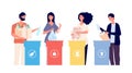 People sorting trash. Recyclable garbage in different containers. Recycling eco vector concept