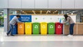 People sorting waste at a colorful recycling station with bins image Royalty Free Stock Photo