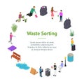 People Sorting Waste Rubbish Concept Banner Card Circle 3d Isometric View. Vector