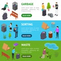 People Sorting Waste Rubbish Concept Banner Horizontal Set 3d Isometric View. Vector
