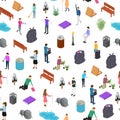 People Sorting Waste Rubbish Concept Seamless Pattern Background 3d Isometric View. Vector