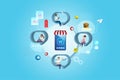 People on speech bubble enjoy online shopping foods and products on smartphone. Online shopping communication, e commerce and e