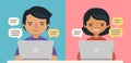 People with speech bubbles and computers. Communication vector illustration