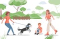 People spend time outdoor in urban park vector flat illustration. Dog owner, mother and child.