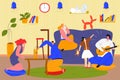 People spend time together at home, vector illustration. Cartoon man woman friends character sitting in room, play Royalty Free Stock Photo