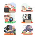 People spending free time at home, flat vector illustration. Sport, hobby and leisure activities. Everyday home routine.