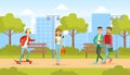 People Spending Time Outdoors, Girl Riding Skateboard, Girl Chatting on Smartphone, Couple of Male Friends Meeting