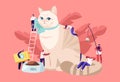 People Spending Time with Pet. Tiny Male and Female Characters on Ladders Caring of Huge Cat, Feed, Play, Dressing. Leisure