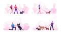 People Spending Time with Pets Outdoors Set. Male and Female Characters Walking and Playing with Dogs, Relaxing Open Air