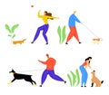 People Spending Time with Pets Outdoors Set. Male and Female Characters Walking and Playing with Dogs, Relaxing