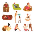 People Spending Weekend at Home and Relaxing Set, Man and Woman Reading Books, Lying, Dreaming, Resting at Home Vector Royalty Free Stock Photo