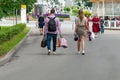 People spending weekend shopping, walking and meeting friends in cafe outdoors