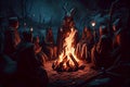 People at spiritual gathering of shamanic sacred ritual healing energy in forest at night. Scandinavian spiritual Royalty Free Stock Photo