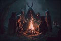 People at spiritual gathering of shamanic sacred ritual healing energy in forest at night. Scandinavian spiritual Royalty Free Stock Photo