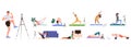 People sports blogger cartoon characters streaming training workout on internet in social media Royalty Free Stock Photo