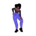 People with sporty figure in disco outfit standing. African american girl posing: hand on her hip. Happy slim woman