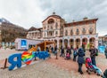 People on the square at 540 m ski lift station of Gorky Gorod mountain ski resort by Gorki Plaza West Hotel