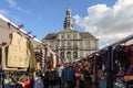 People and stalls, stores, cafe and restaurant at Markt Maastricht in Maastricht, Netherlands. Royalty Free Stock Photo