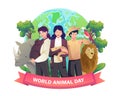 People stand and enjoy animals and their pets on World animal day, the Wildlife Day concept vector illustration