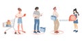 People stand in line and keep safe social distance in the shop vector flat illustration. Maintain social distancing.