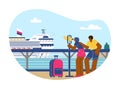 People stand on pier and look at cruise ship through binoculars, flat vector illustration isolated on white background. Royalty Free Stock Photo