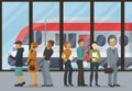 People stand in queue for boarding train vector illustration. People waiting for departure of train on platform. Metro