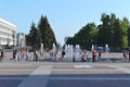 People stand at a singing fountain in the center of Ulyanovsk, Russia may 18, 2012