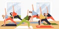 People stand in triangle pose trikonasana. Women and men practicing yoga and meditation. Vector characters illustration