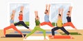 People stand in warrior one pose. Women and men practicing yoga and meditation. Vector characters illustration Royalty Free Stock Photo