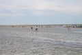 People stand in the water of Lake Shalkar. Shallow salt lake. Beach holidays in Kazakhstan.