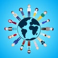 People Standing Around Globe Isolated On Blue Background Earth Day Concept Royalty Free Stock Photo