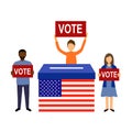 People standing with ballot box and holding sign of vote text for America president election campaign. Election Day in the country