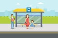 People Standing at Bus Stop in City, Parents and Kids Waiting for Public Transport Vector Illustration Royalty Free Stock Photo